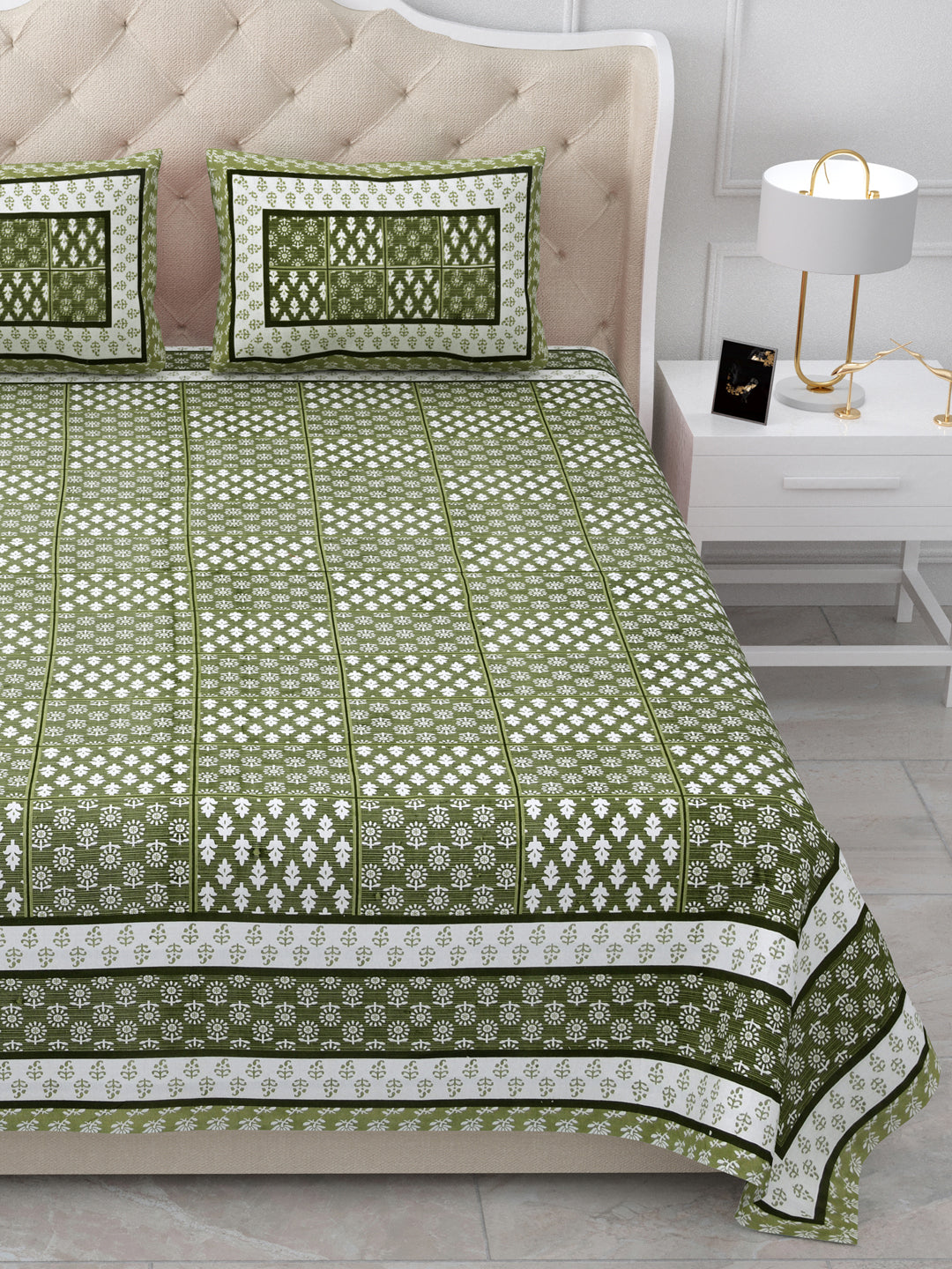 Olive Green Hand-Block Print Queen Size Cotton Bedsheet