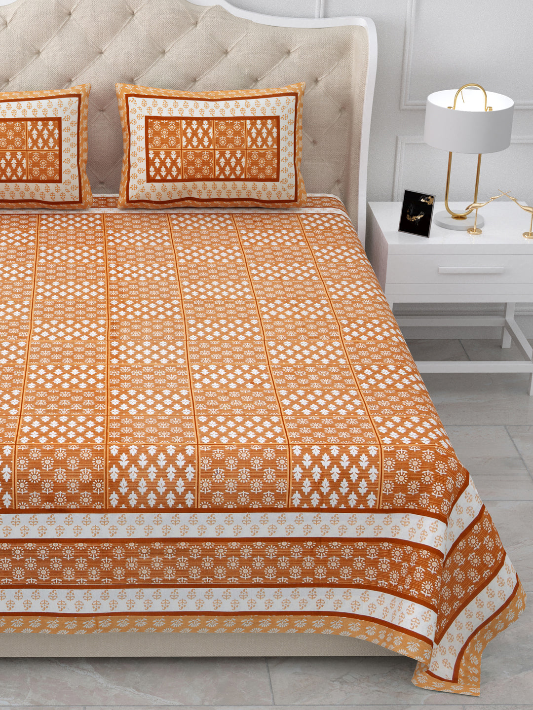 Orange Geometric Block Print Queen Size Cotton Bedsheet