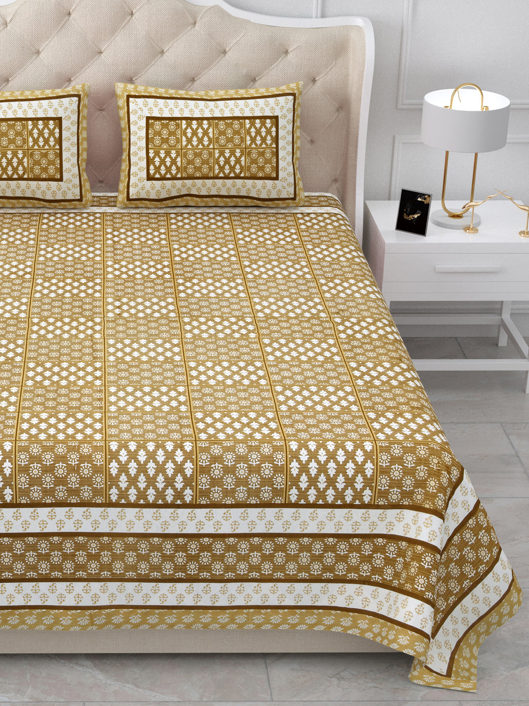 Mustard Yellow Geometric Block Print Queen Size Cotton Bedsheet