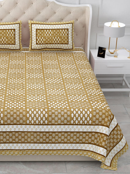 Mustard Yellow Geometric Block Print Queen Size Cotton Bedsheet