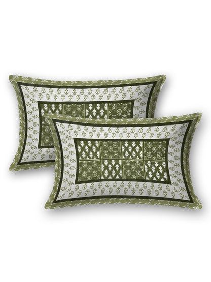 Olive Green Hand-Block Print Queen Size Cotton Bedsheet