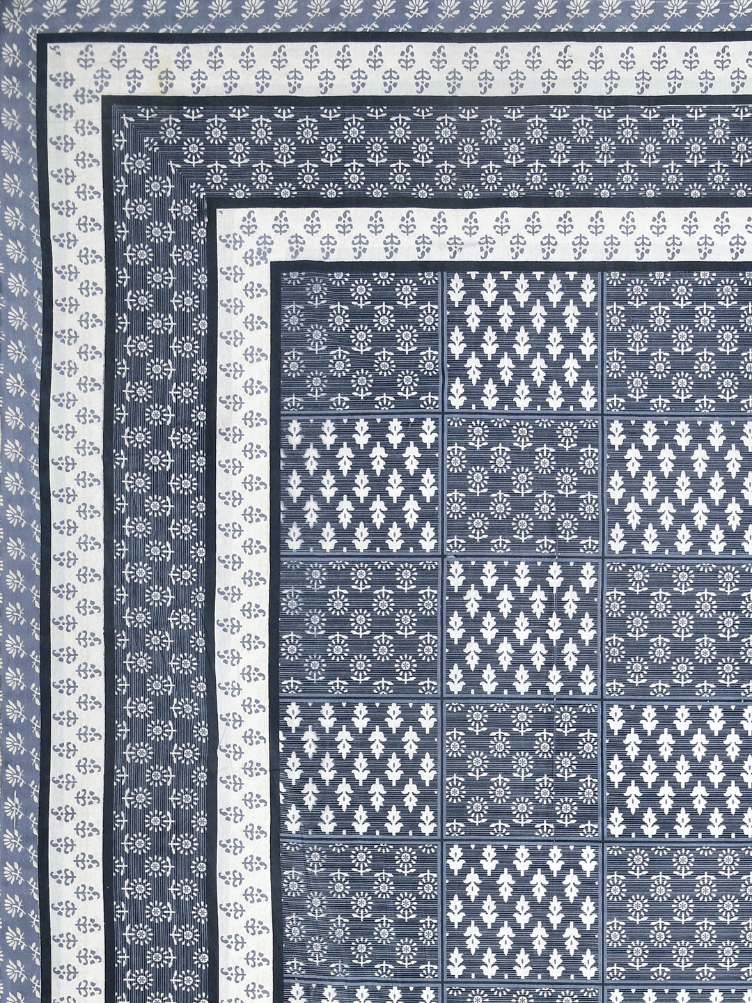 Indigo Blue Geometric Block Print Queen Size Cotton Bedsheet