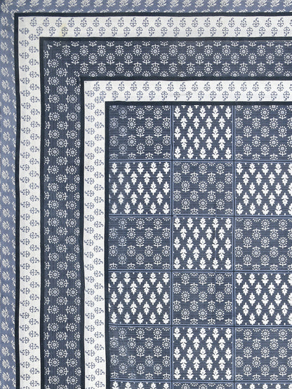Indigo Blue Geometric Block Print Queen Size Cotton Bedsheet