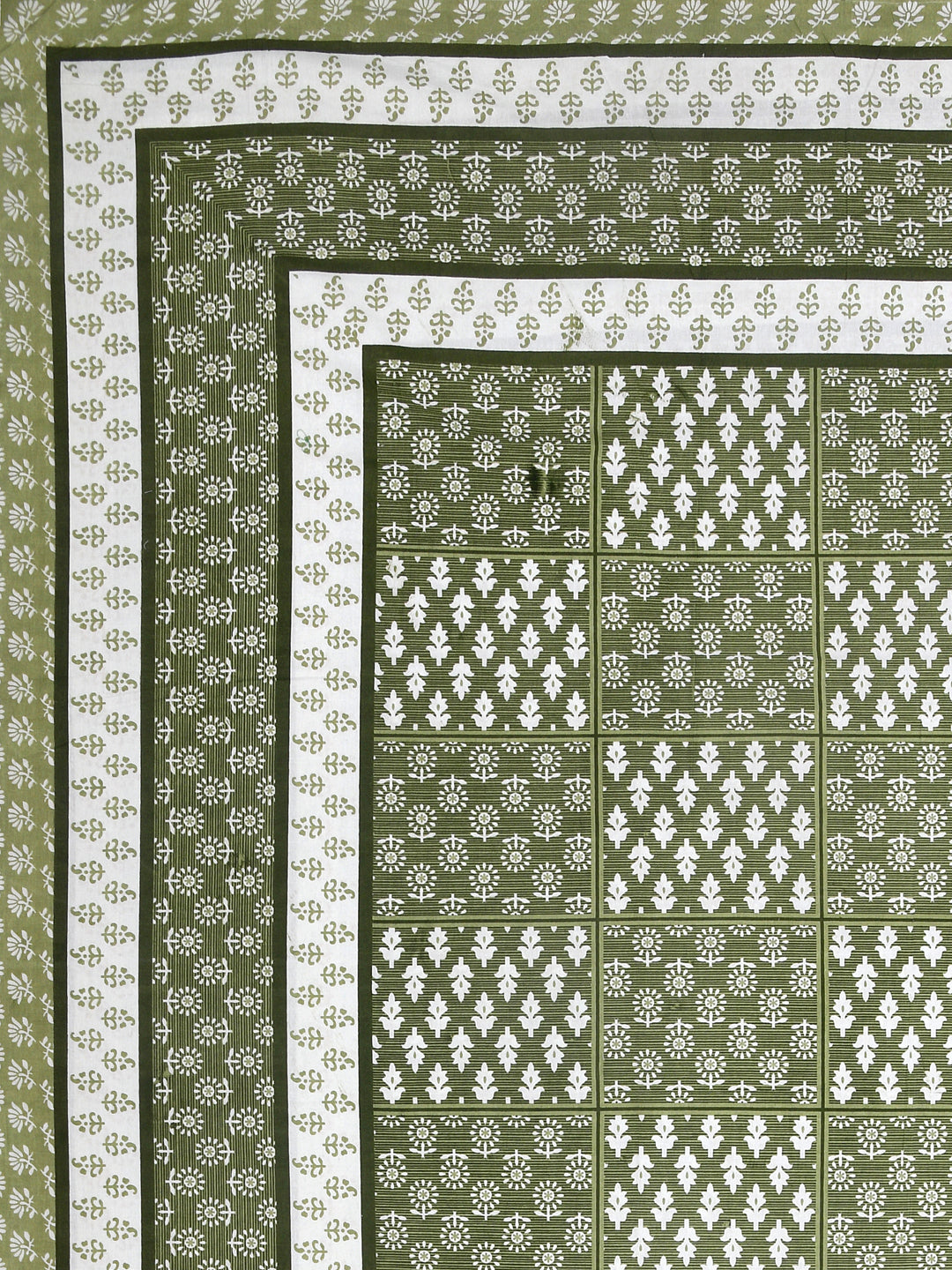 Olive Green Hand-Block Print Queen Size Cotton Bedsheet
