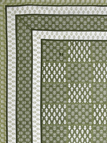 Olive Green Hand-Block Print Queen Size Cotton Bedsheet