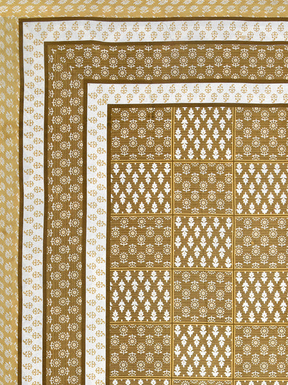 Mustard Yellow Geometric Block Print Queen Size Cotton Bedsheet