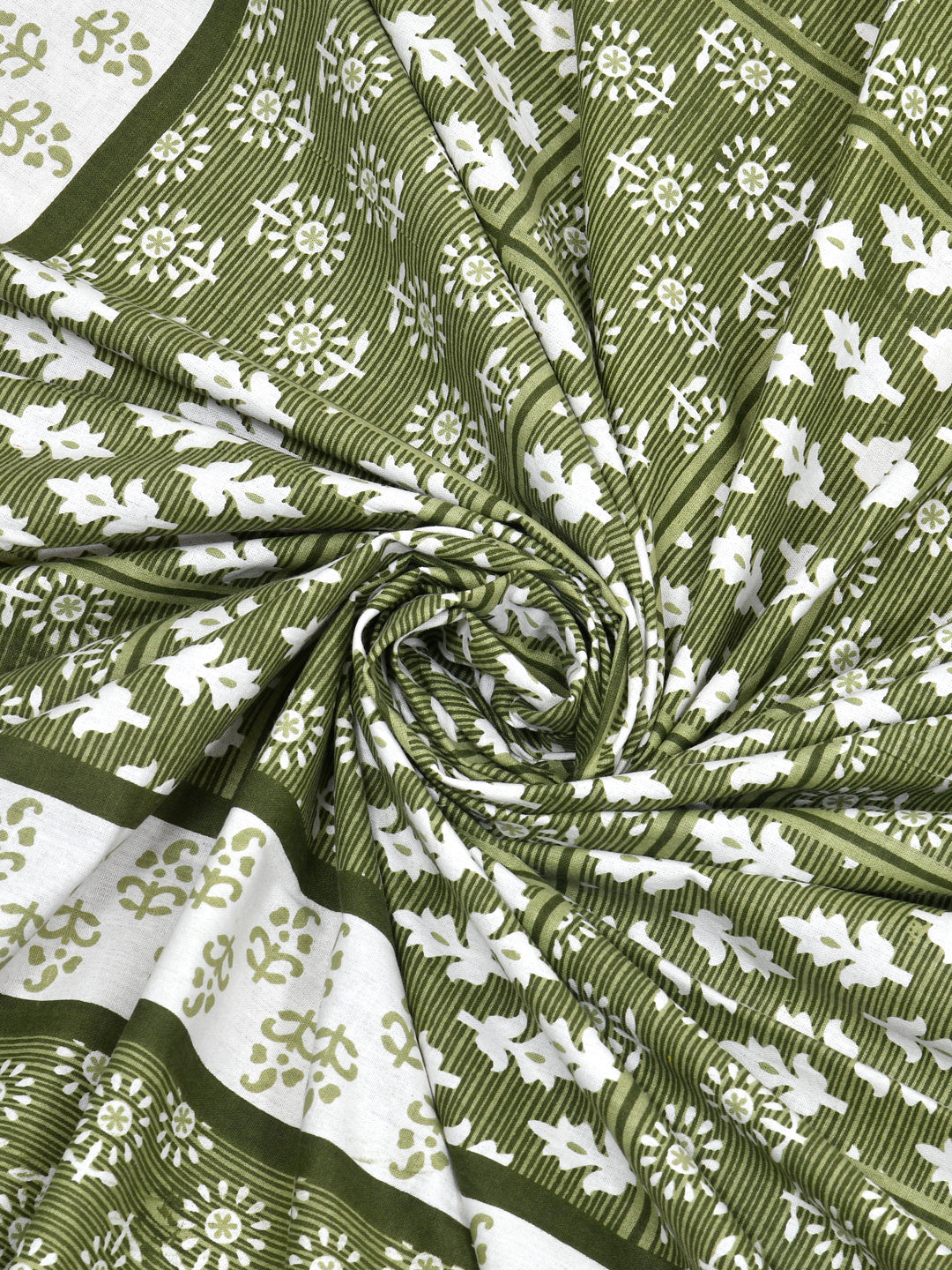 Olive Green Hand-Block Print Queen Size Cotton Bedsheet