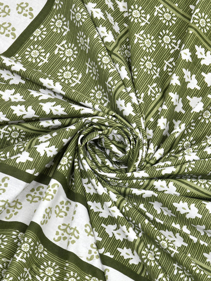 Olive Green Hand-Block Print Queen Size Cotton Bedsheet