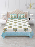 Front view of Castile India aqua blue bouquet buta bedsheet 90x108 on a bed with 2 pillow covers