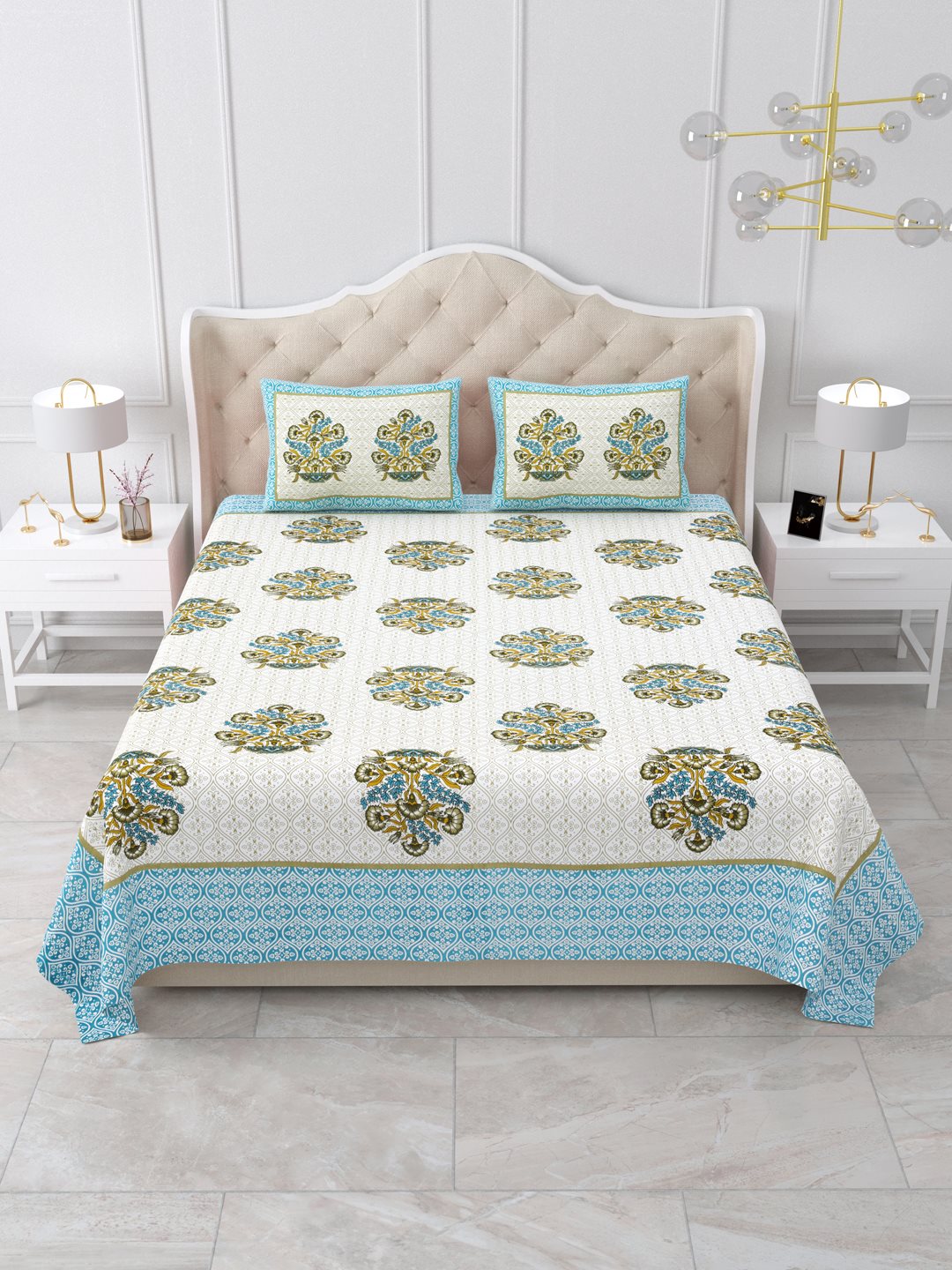 Front view of Castile India aqua blue bouquet buta bedsheet 90x108 on a bed with 2 pillow covers