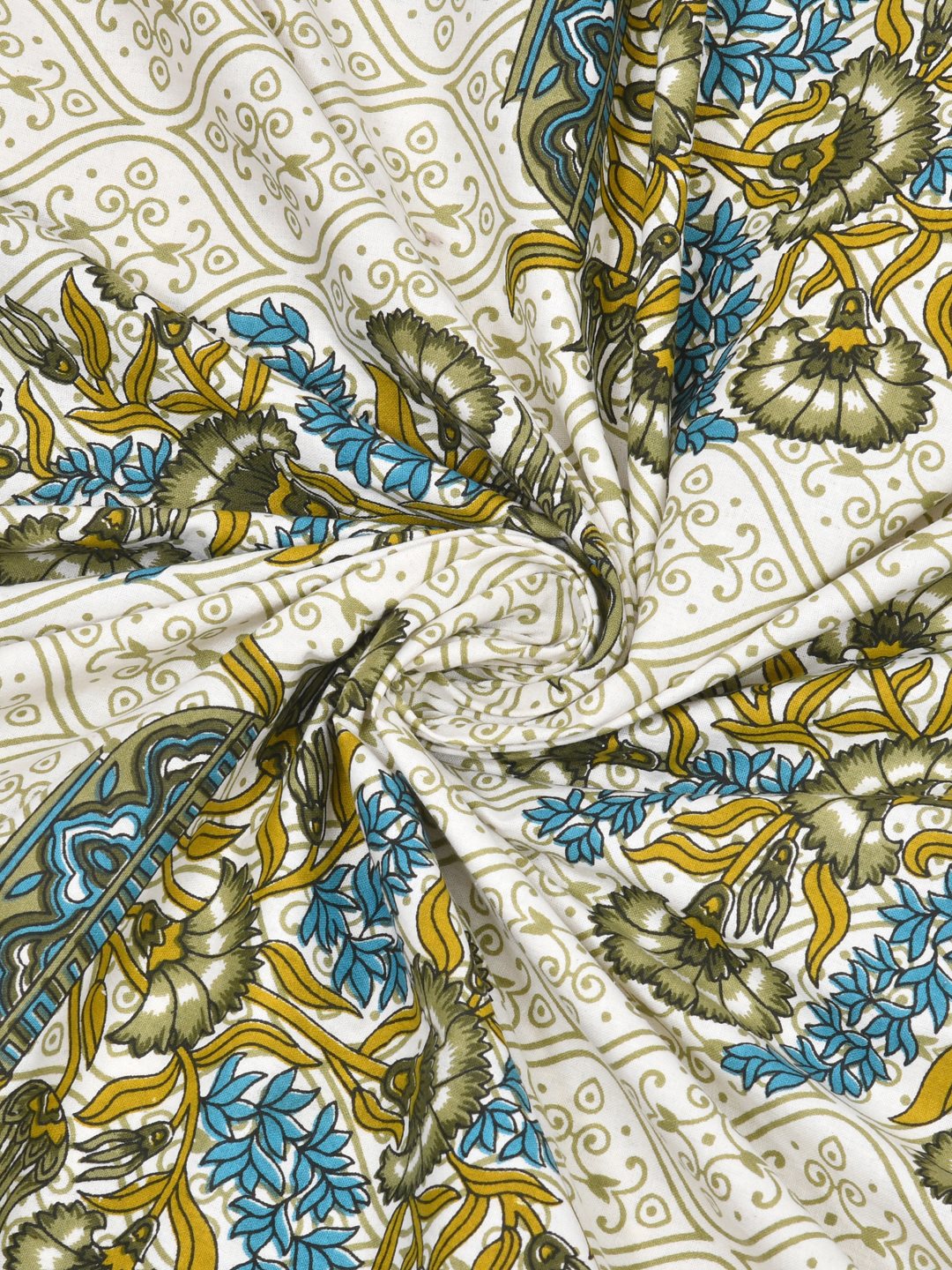 Swirled fabric close-up of olive, mustard and blue floral bouquets on a white lattice background