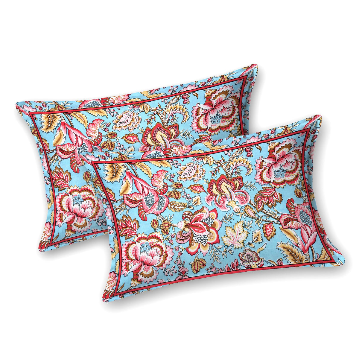 Two aqua blue pillow covers with red and pink Jacobean florals and a thin red border line