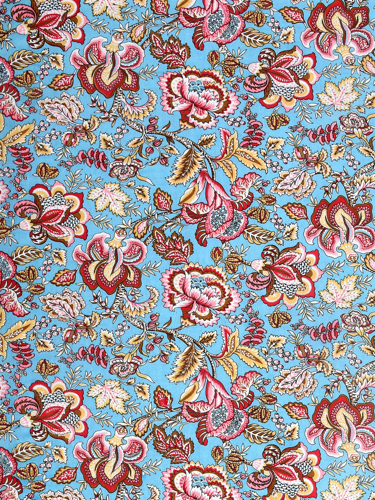 Close-up of large red, pink and mustard Jacobean-style flowers on an aqua sky-blue base