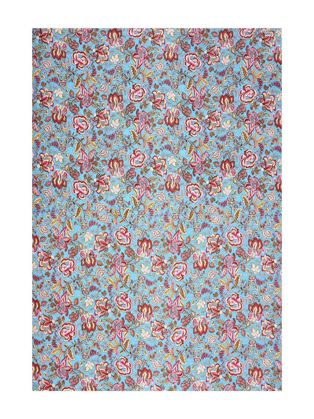 Full flat view of the aqua blue and red all-over floral bedsheet 90x108 by Castile India
