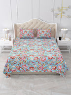 Front view of Castile India aqua blue and red Jacobean floral bedsheet 90x108 with 2 pillow covers
