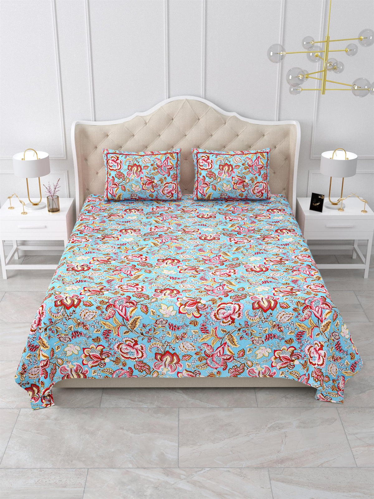 Front view of Castile India aqua blue and red Jacobean floral bedsheet 90x108 with 2 pillow covers