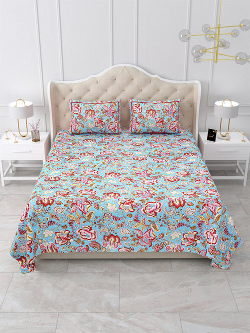 Front view of Castile India aqua blue and red Jacobean floral bedsheet 90x108 with 2 pillow covers