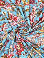 Swirled fabric close-up of red and pink florals on aqua blue, Castile India bedsheet