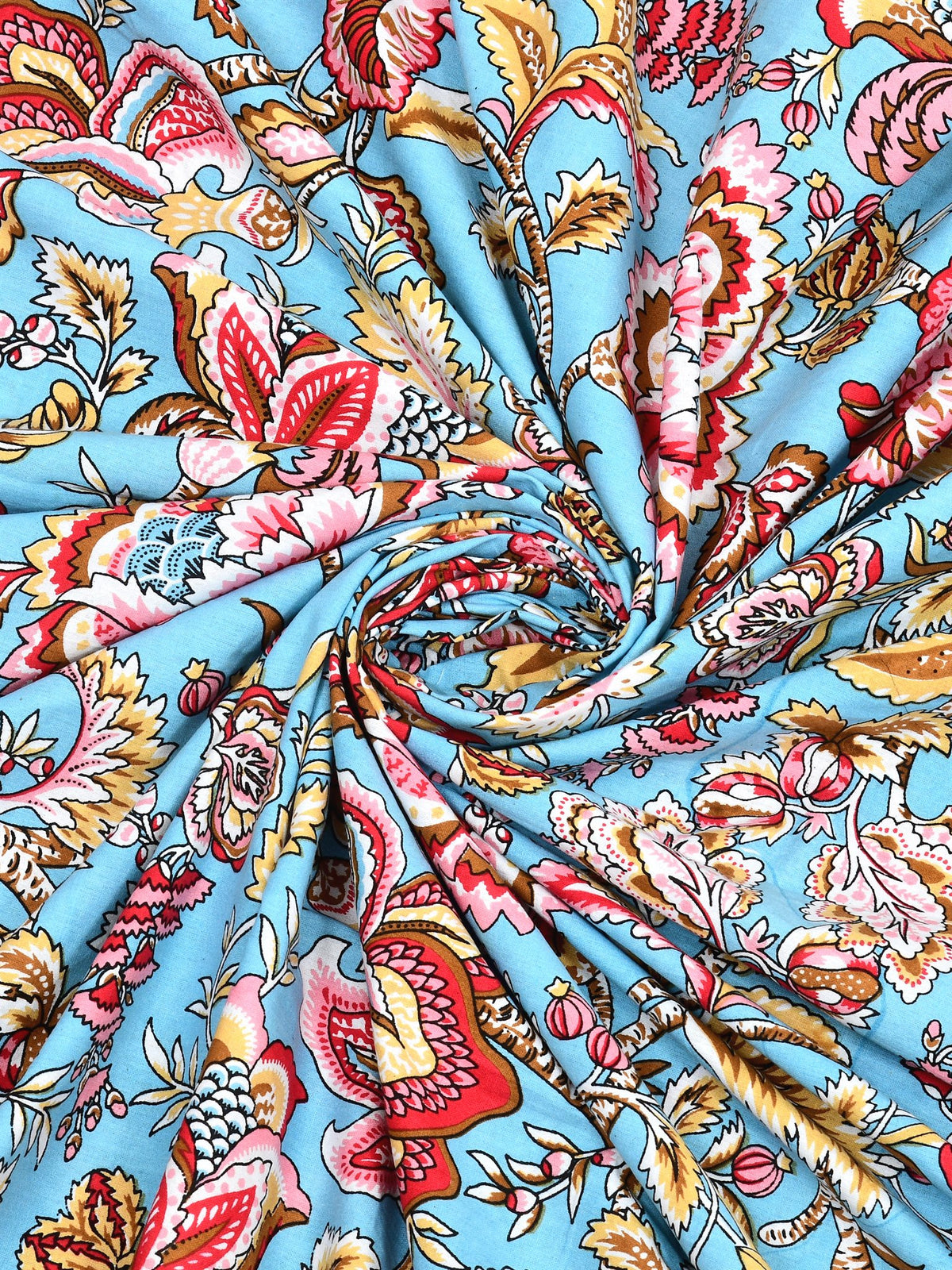 Swirled fabric close-up of red and pink florals on aqua blue, Castile India bedsheet