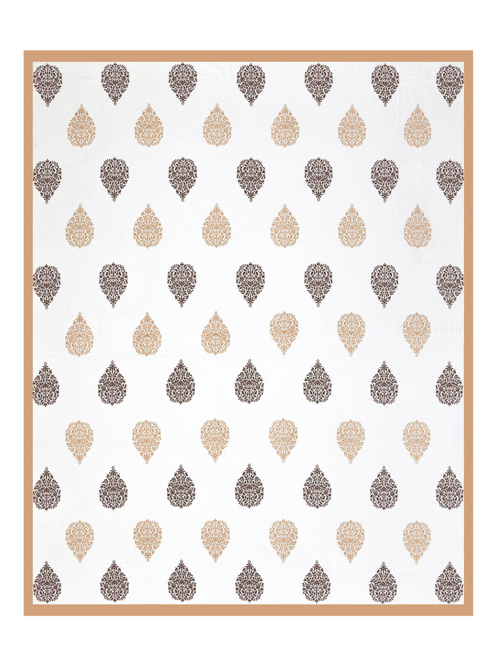 Full flat view of Castile India beige & brown damask buta super king bedsheet 108x108 with caramel beige border