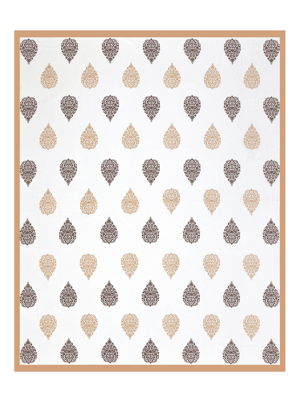 Full flat view of Castile India beige & brown damask buta super king bedsheet 108x108 with caramel beige border