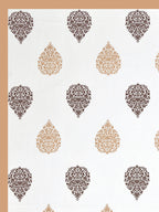 Close-up of large beige & brown damask butas on a white base with caramel beige border