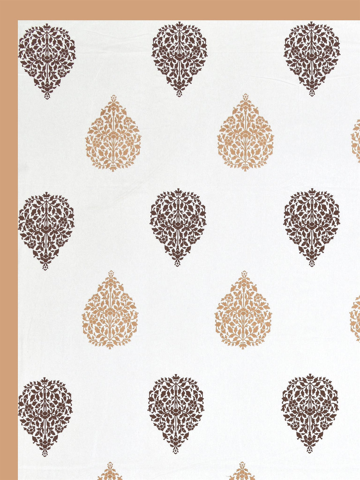 Close-up of large beige & brown damask butas on a white base with caramel beige border