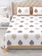 Close front view of the beige & brown damask buta bedsheet and pillow covers