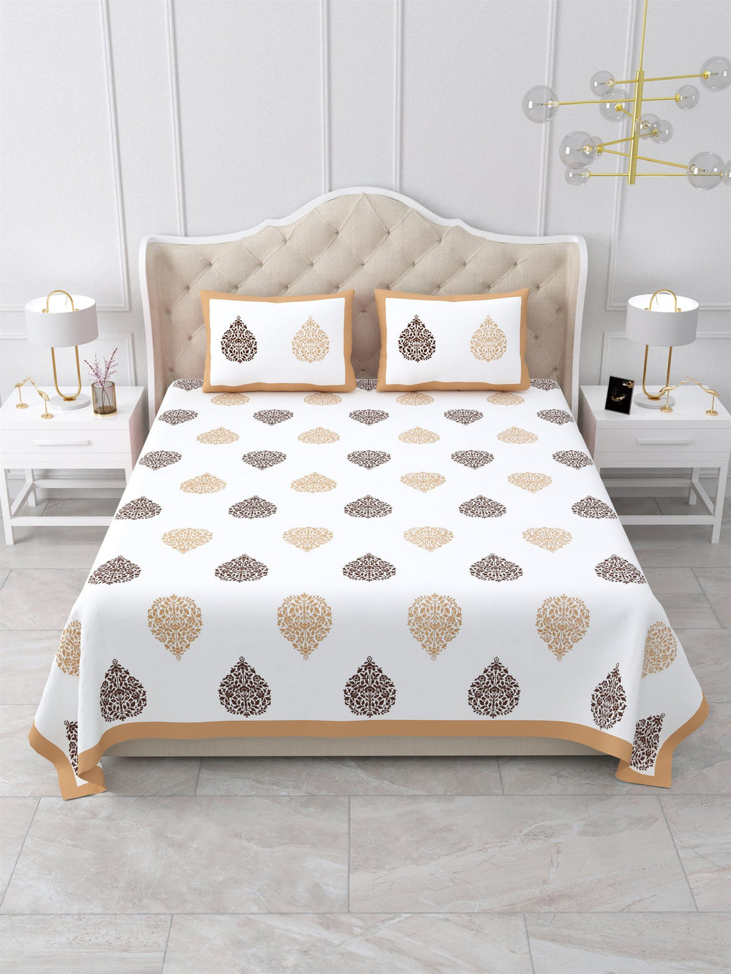 Front view of Castile India beige & brown damask buta super king size bedsheet 108x108 with 2 pillow covers