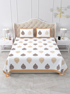 Front view of Castile India beige & brown damask buta super king size bedsheet 108x108 with 2 pillow covers