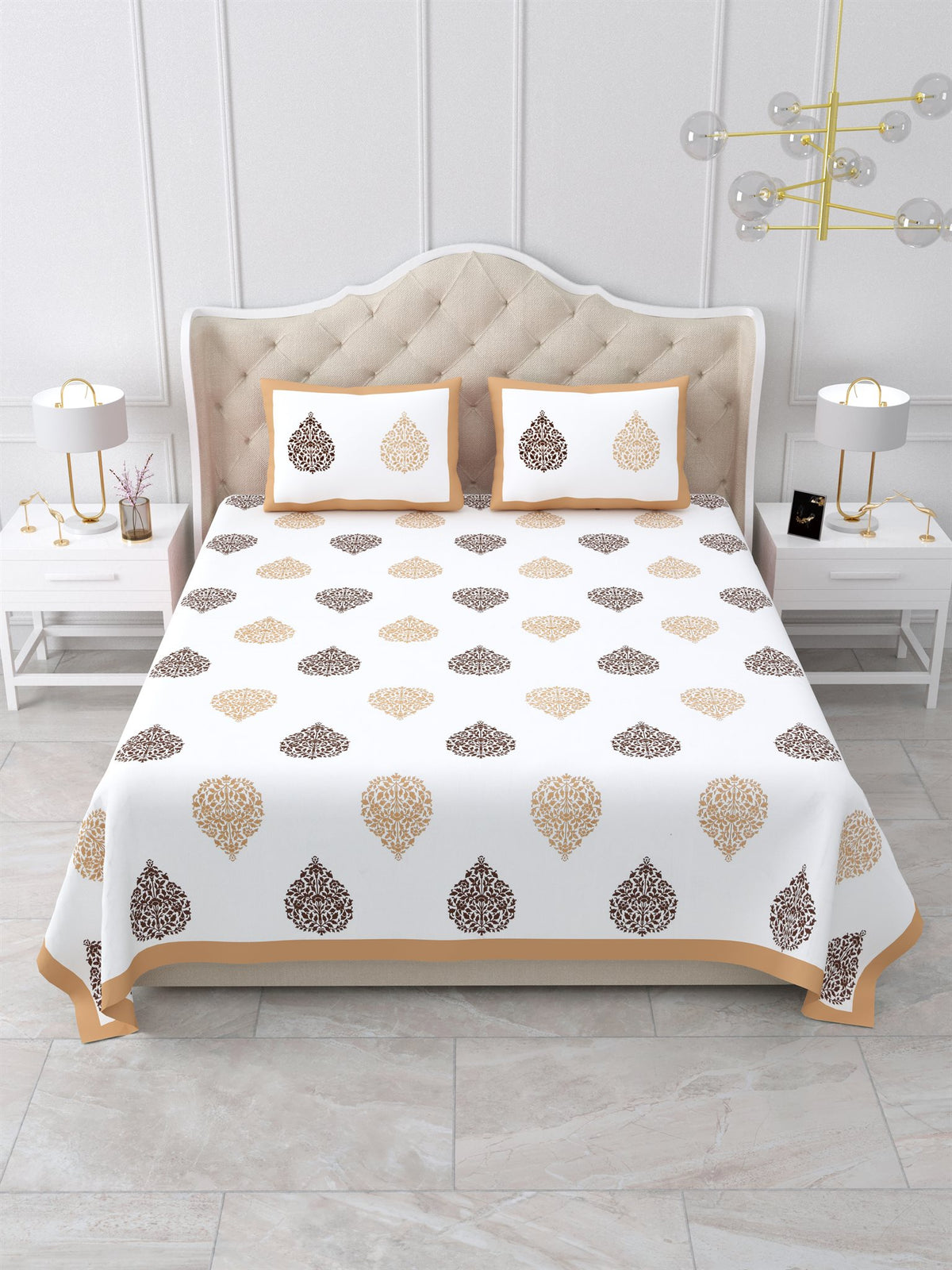 Front view of Castile India beige & brown damask buta super king size bedsheet 108x108 with 2 pillow covers