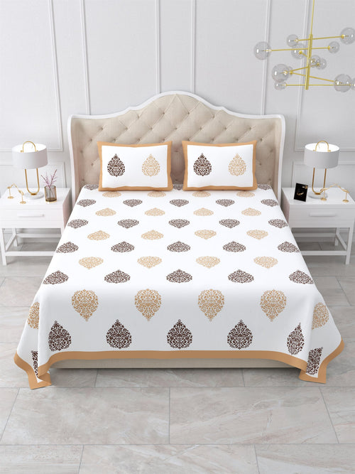 Front view of Castile India beige & brown damask buta super king size bedsheet 108x108 with 2 pillow covers