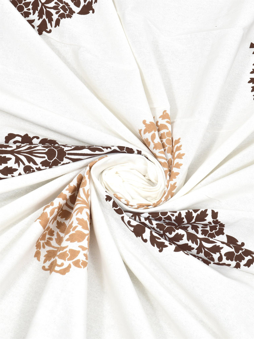 Swirled fabric close-up of beige & brown damask buta print on white