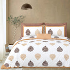 Styled bedroom view of the beige & brown damask buta bedsheet with pillow covers