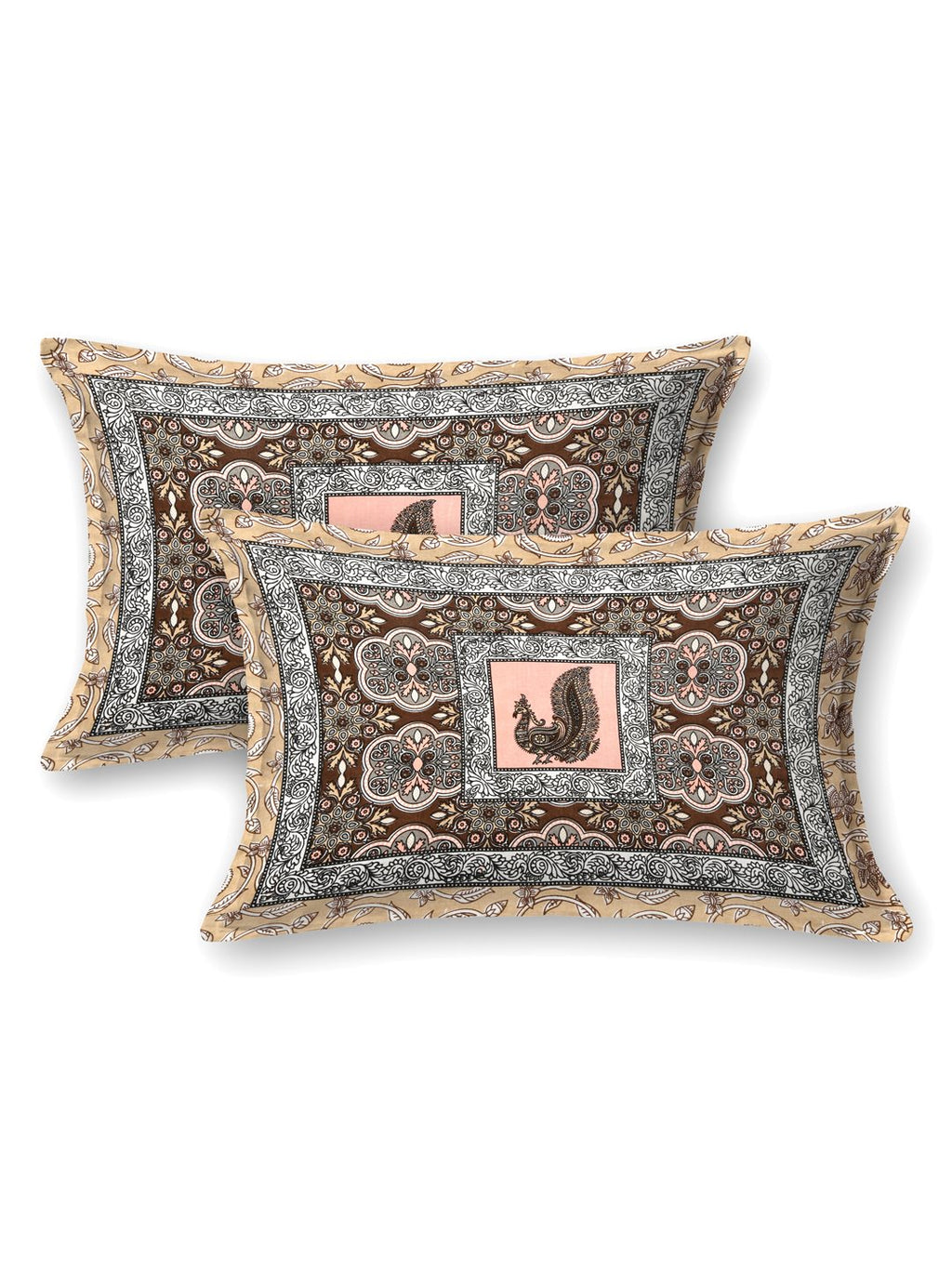 Two pillow covers with a brown ornamental border and a peacock on a peach patch, beige colourway