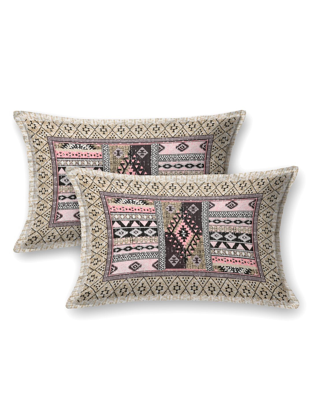 Two pillow covers with a sand beige geometric border and beige & pink Aztec patchwork centre