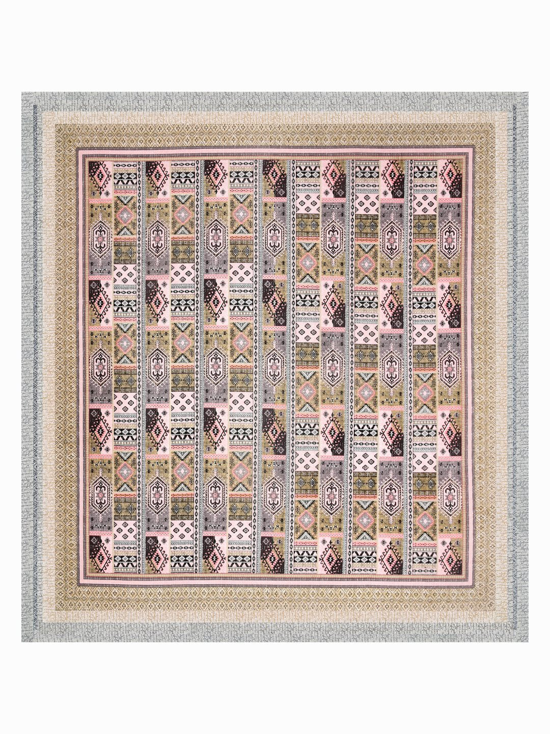 Full flat view of Castile India beige & pink Aztec patchwork super king bedsheet 108x108 with wide border