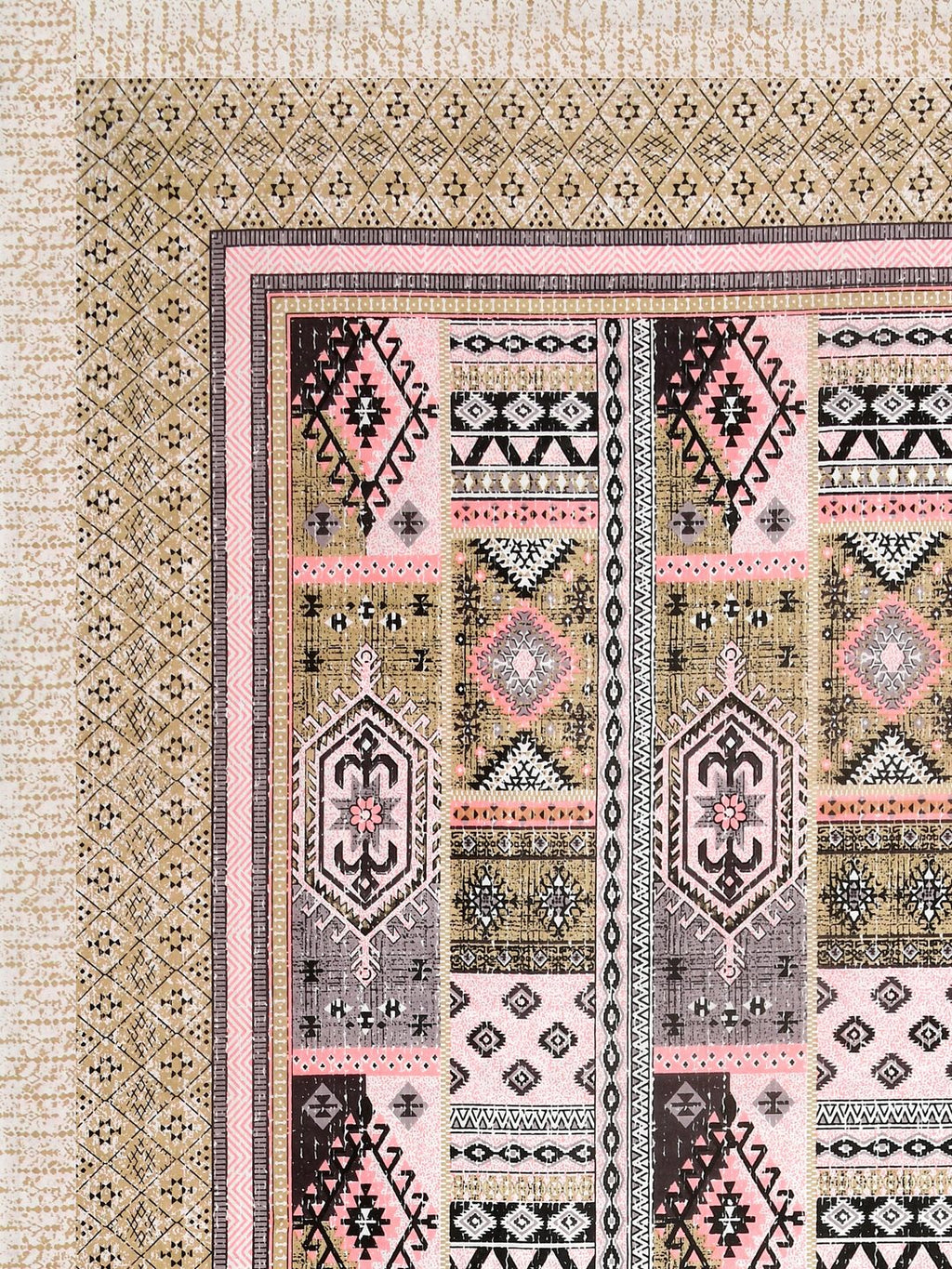 Corner close-up of blush pink, mauve, dark brown and black kilim-style panels and the sand beige geometric border