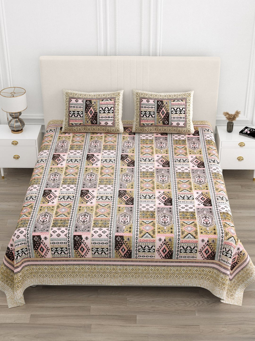 Front view of Castile India beige & pink Aztec patchwork super king size bedsheet 108x108 with 2 pillow covers