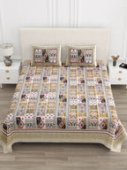 Front view of Castile India beige & pink Aztec patchwork super king size bedsheet 108x108 with 2 pillow covers