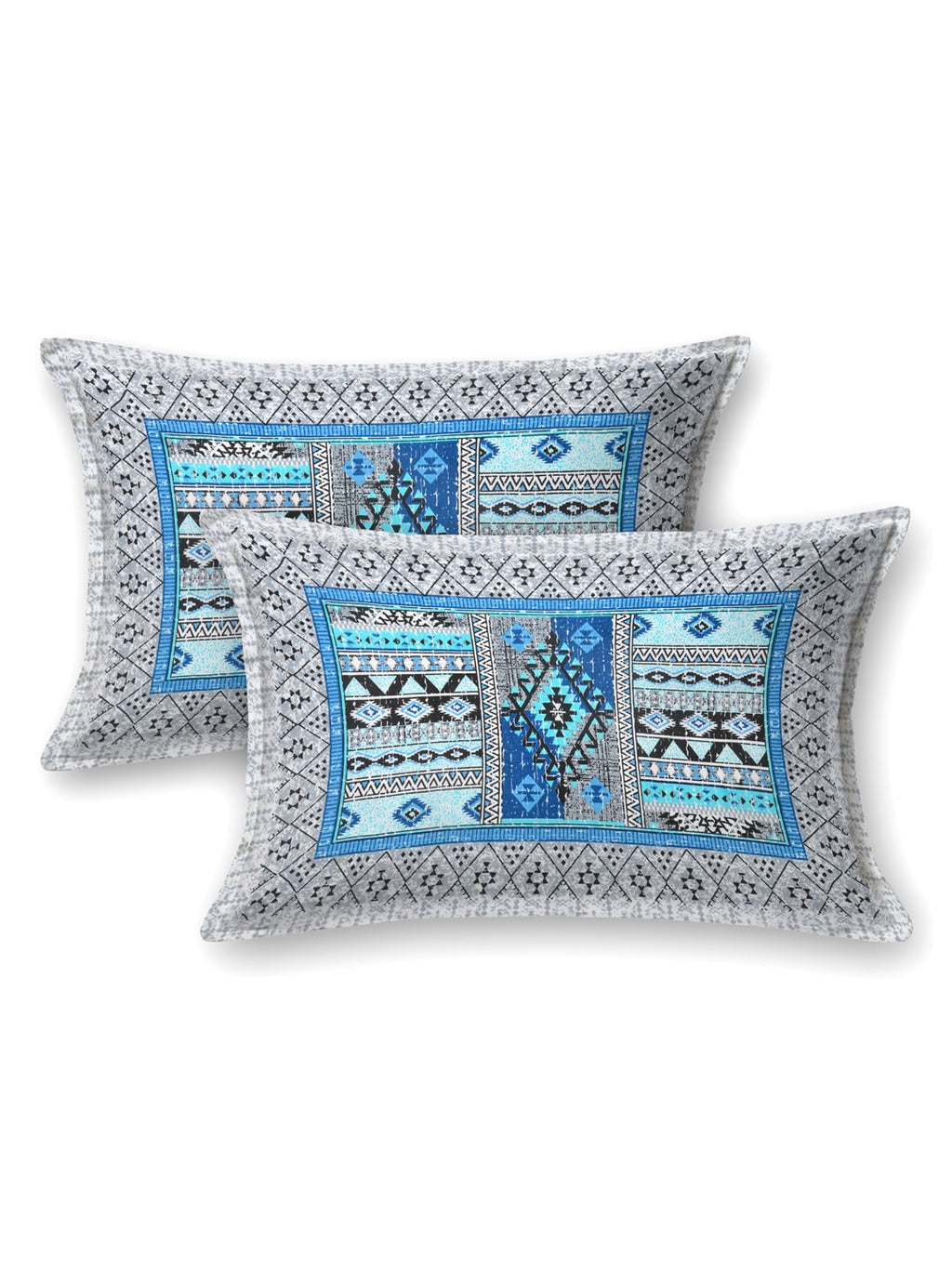 Two pillow covers with a grey geometric border and blue & grey Aztec patchwork centre
