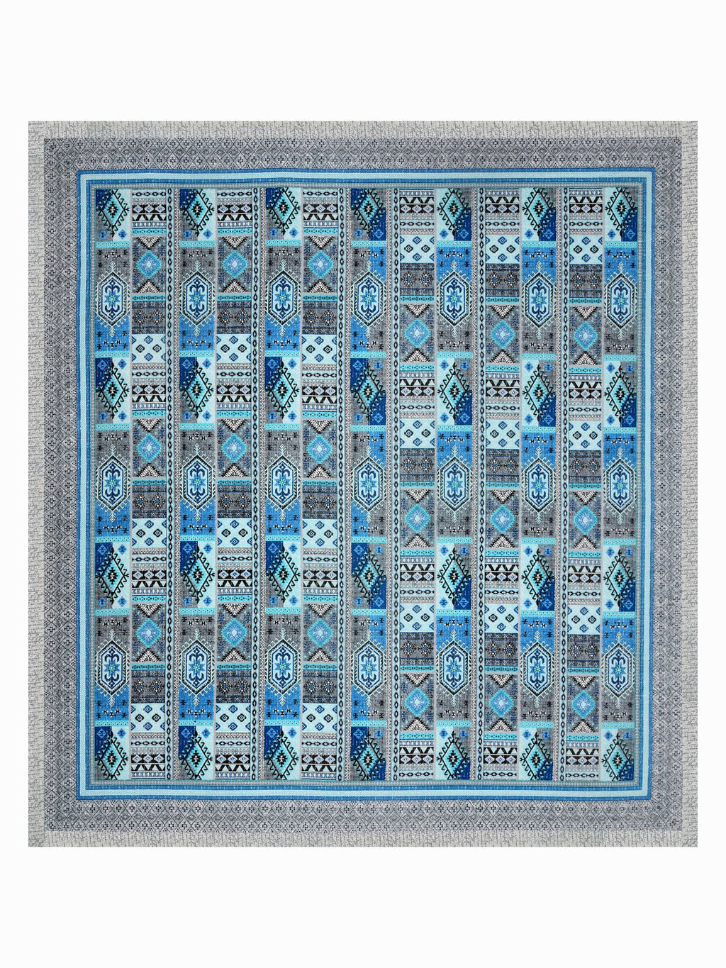 Full flat view of Castile India blue & grey Aztec patchwork super king bedsheet 108x108 with wide border