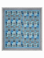 Full flat view of Castile India blue & grey Aztec patchwork super king bedsheet 108x108 with wide border