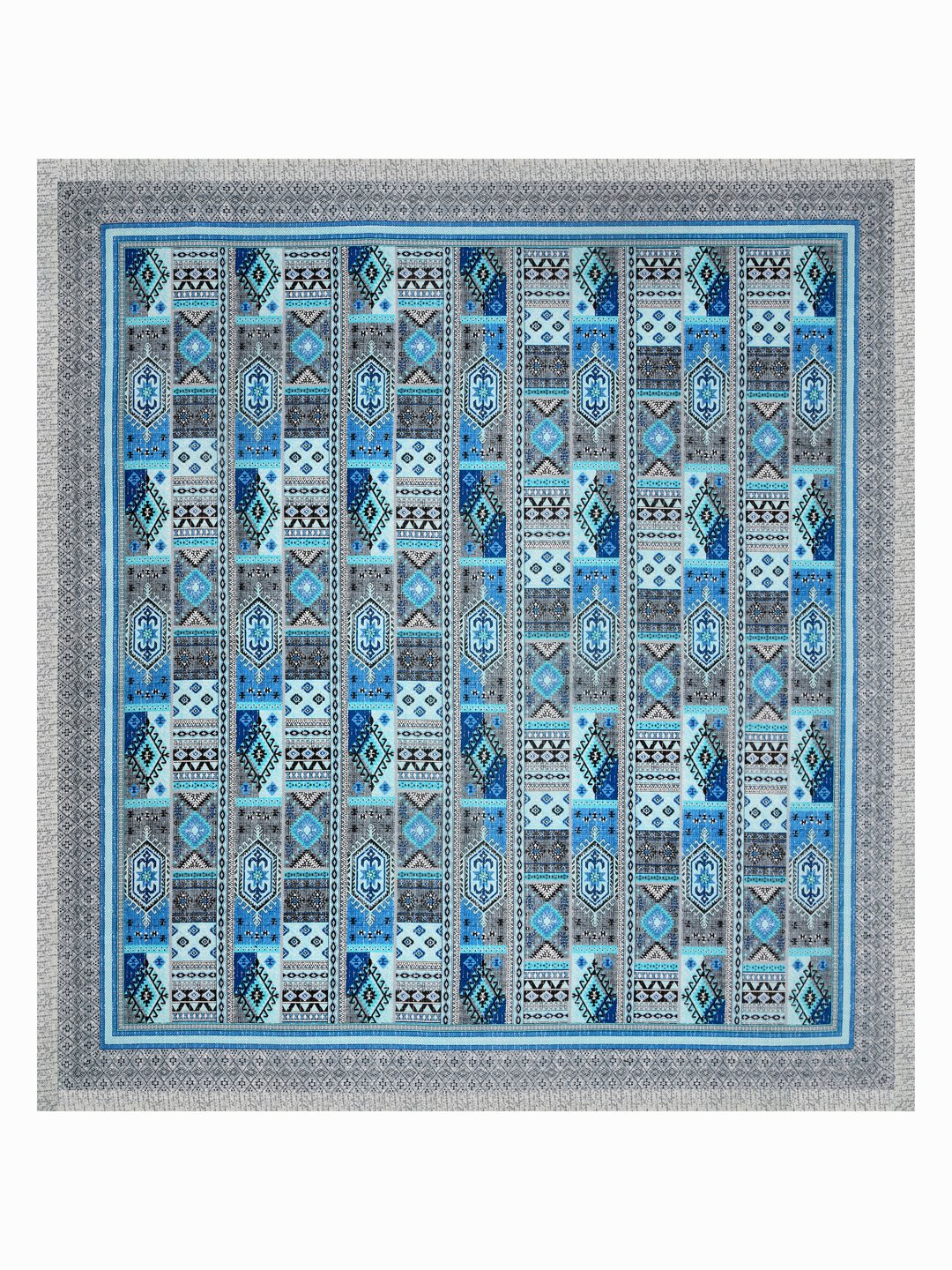 Full flat view of Castile India blue & grey Aztec patchwork super king bedsheet 108x108 with wide border