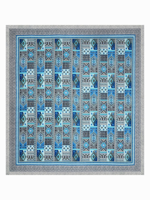 Full flat view of Castile India blue & grey Aztec patchwork super king bedsheet 108x108 with wide border
