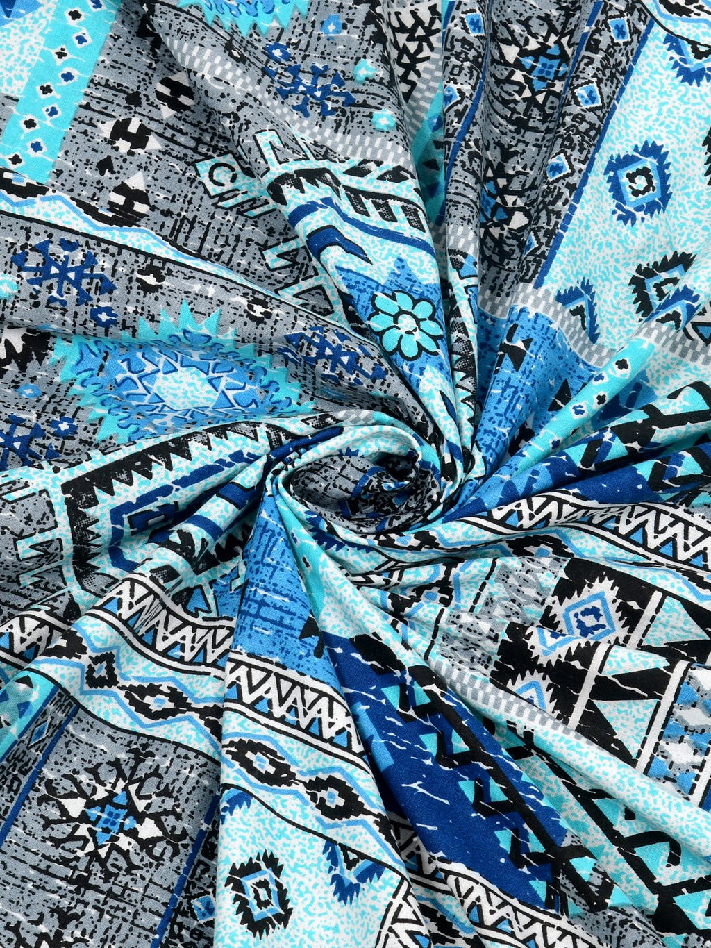 Swirled fabric close-up of blue & grey Aztec and kilim-style geometric print