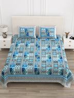 Front view of Castile India blue & grey Aztec patchwork super king size bedsheet 108x108 with 2 pillow covers