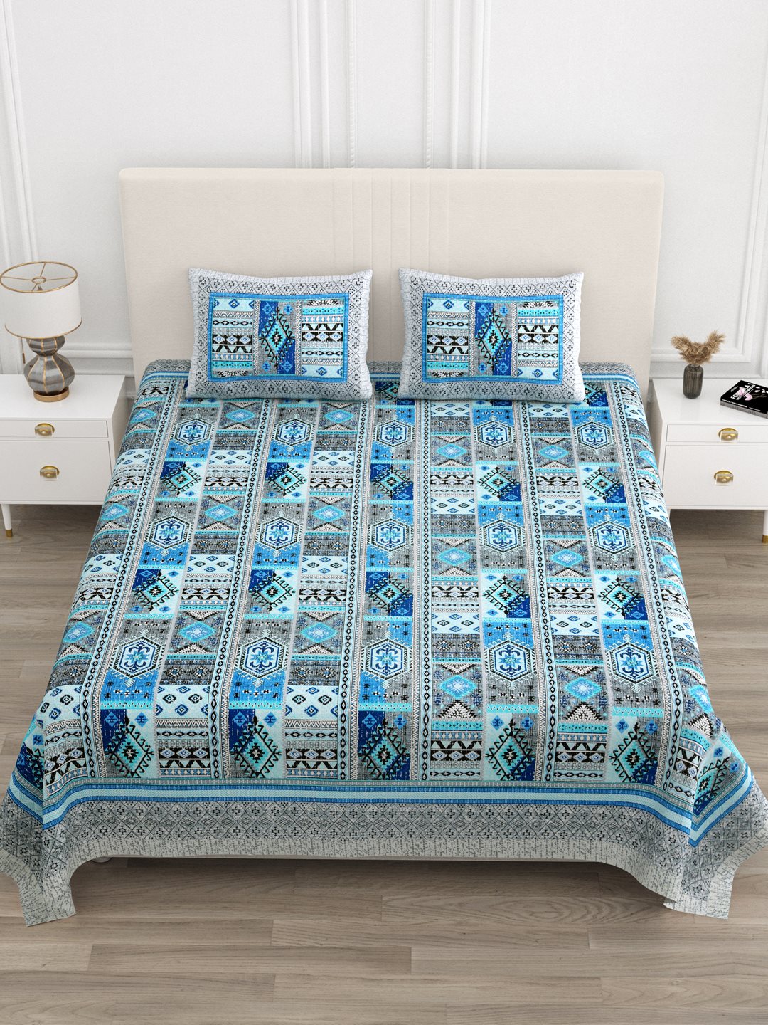 Front view of Castile India blue & grey Aztec patchwork super king size bedsheet 108x108 with 2 pillow covers