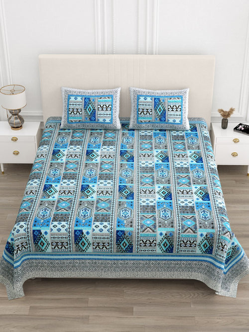 Front view of Castile India blue & grey Aztec patchwork super king size bedsheet 108x108 with 2 pillow covers