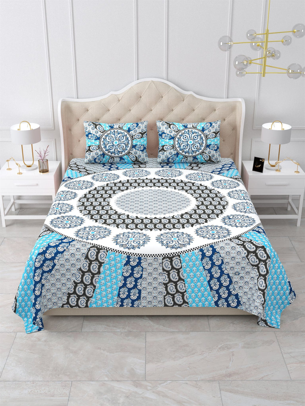 Front view of Castile India blue and grey mandala sunburst king size bedsheet 100x108 with 2 pillow covers